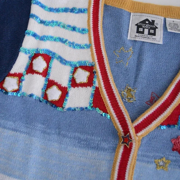 Vintage Storybook Knits Blue & White Stars Knit Embroidered Cardigan Sweater S - Picture 12 of 12